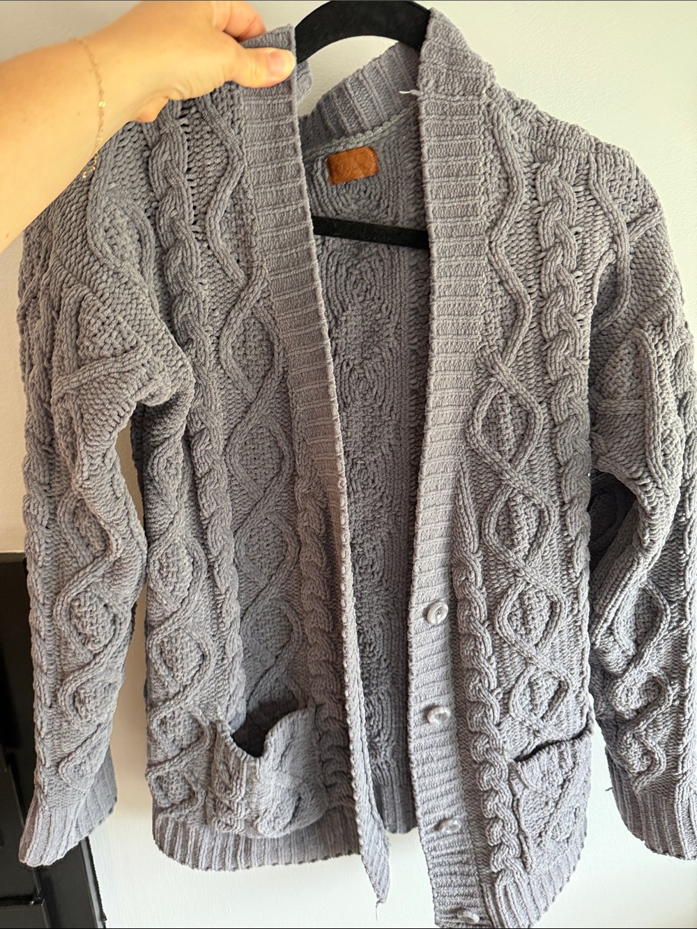 Women’s  Grey Cable Knit Shawl Collar Sweater Cardigan